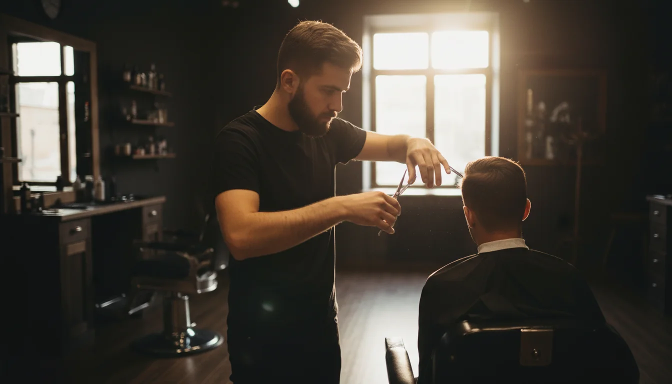Barbiere che lavora sul taglio di un cliente