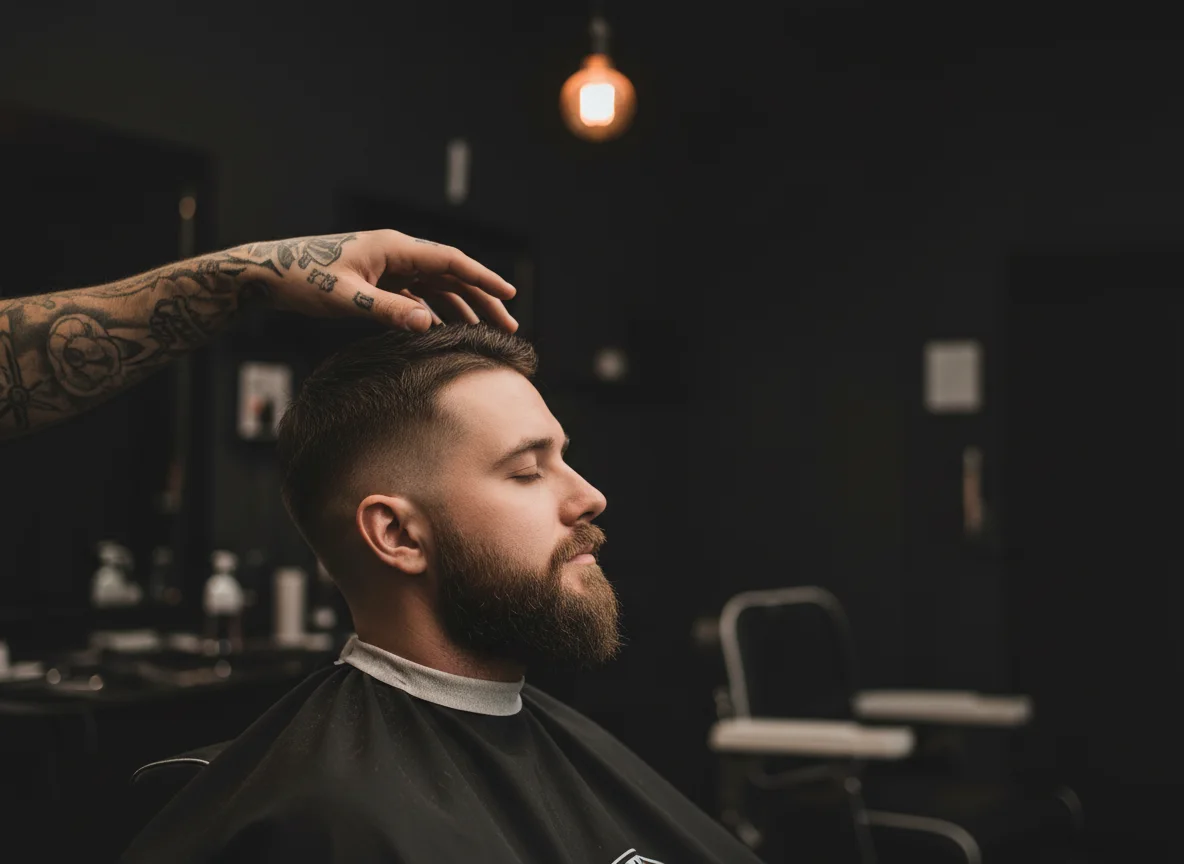 Barbiere che sistema il ciuffo di un cliente con la barba curata