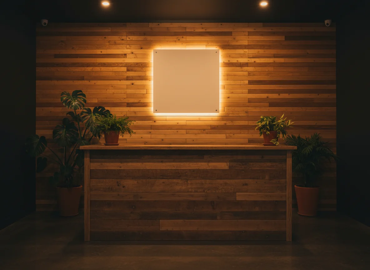 Ingresso del salone con bancone in legno e insegna CutClub